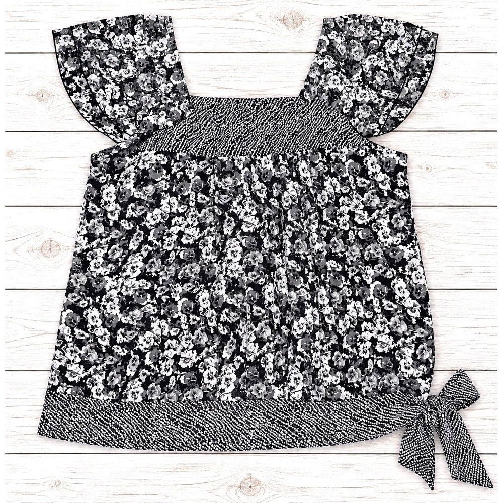 Apt. 9 Blouse Floral Flutter Sleeve Side Tie Peplum Boho Career Office B&W XL